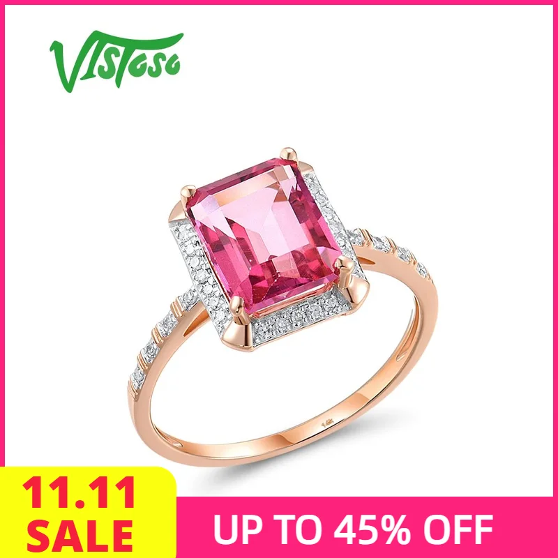 

VISTOSO Genuine 14K 585 Rose Gold Solitaire Rings For Women Sparkling Diamond Pink Topaz Rectangle Gorgeous Fine Fashion Jewelry