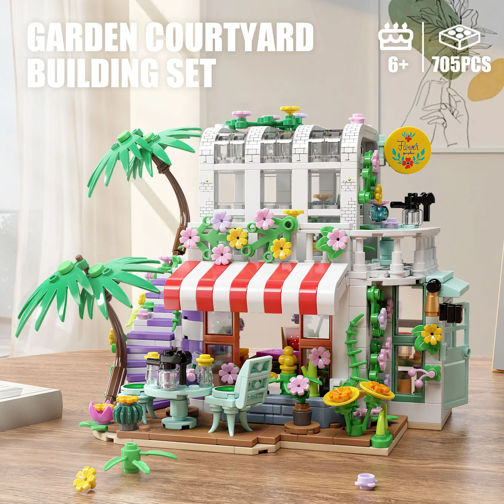 705PCS Garden Courtyard Building Blocks Toy Set Puzzle Bricks Model with Light Creative Architecture Desktop Decoration Gifts