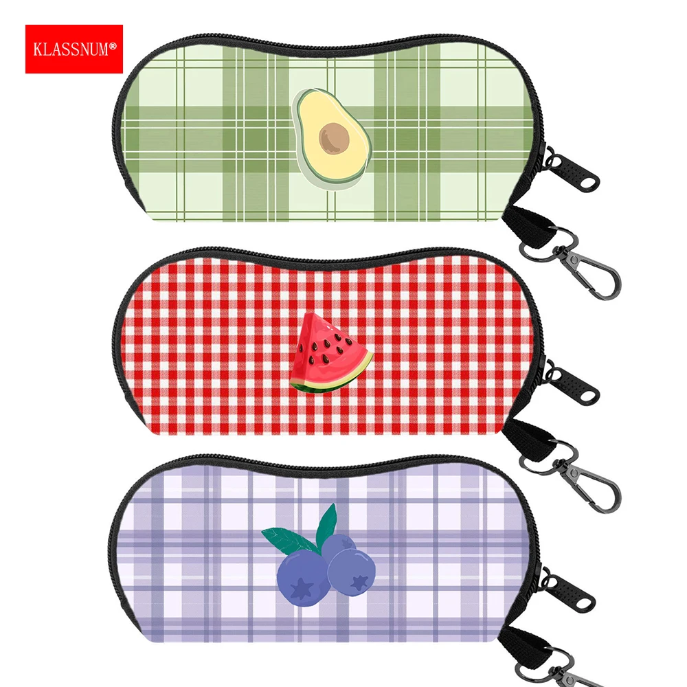 KLASSNUM Cute Strawberry Banana Design Glasses Pouch Soft Check Pattern Zipper Sunglasses Reading Glasses Case with Metal Clip