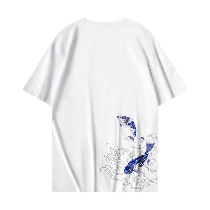 Lyprerazy Summer Chinese Style Carp Embroidery Short-sleeved Men T-shirt Cotton Loose Tops Tees