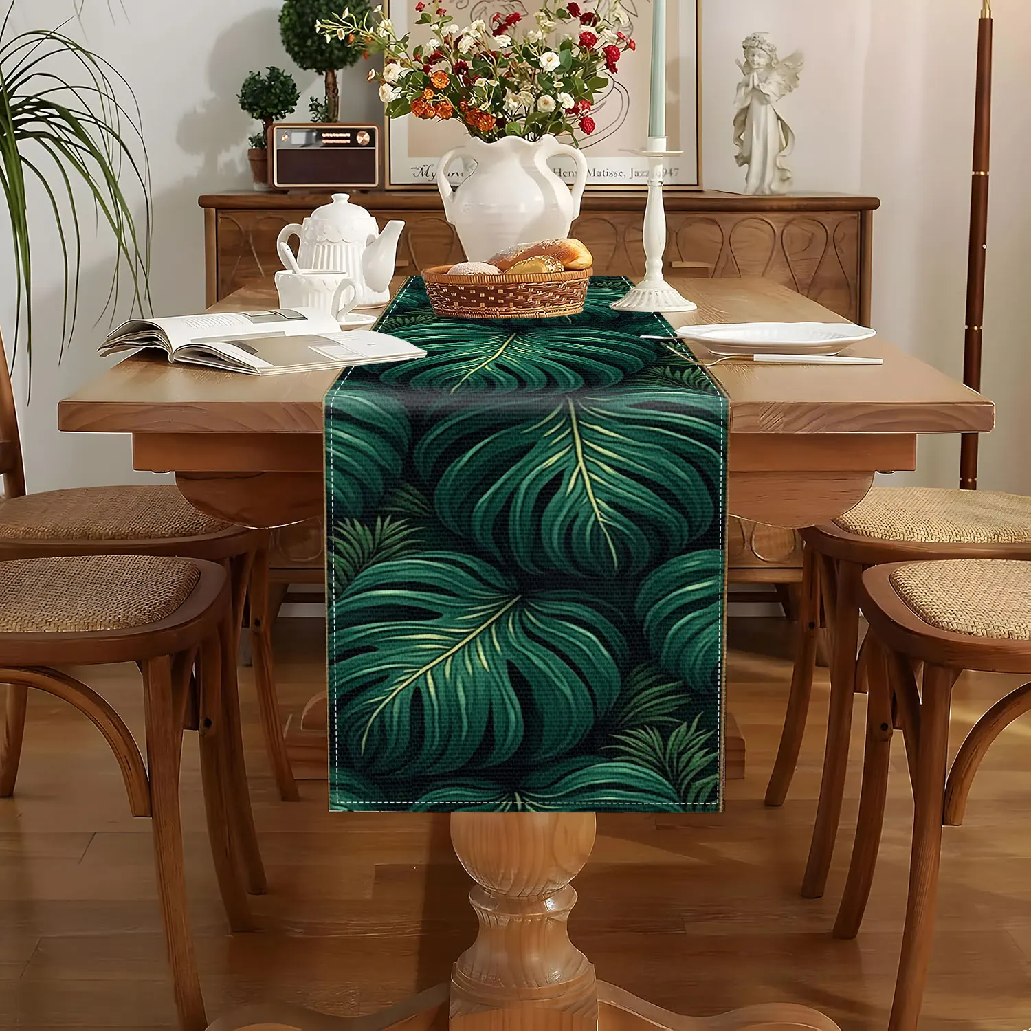 1-Piece Green Branches & Leaves Print Table Runner, Table Runner for Living Room, Dining Room