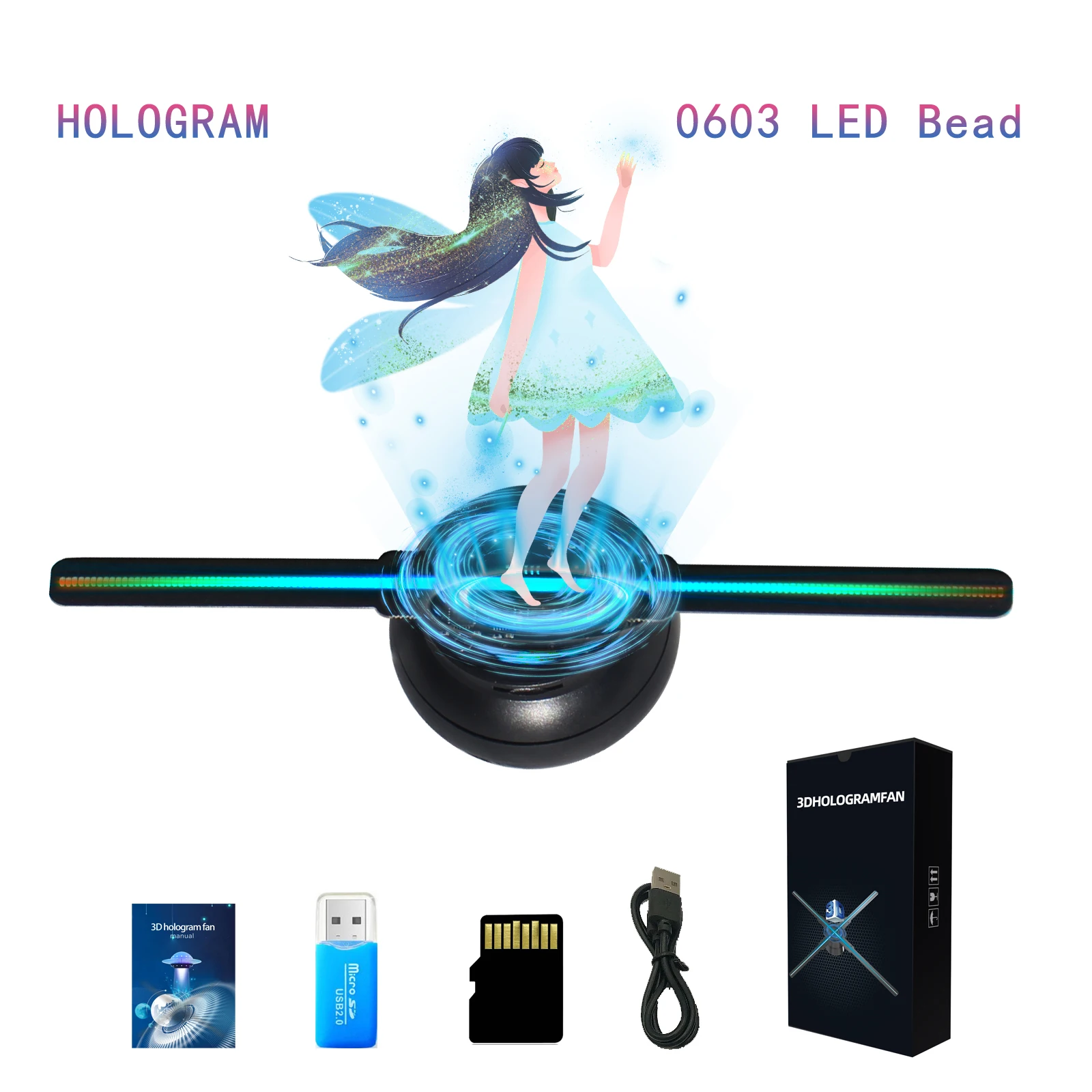 10-18CM 3D Hologram Fan, 0603 LED Bead HD Flicker Free Holographic Projector,  Advertising Logo Sign TF Card Christmas Halloween