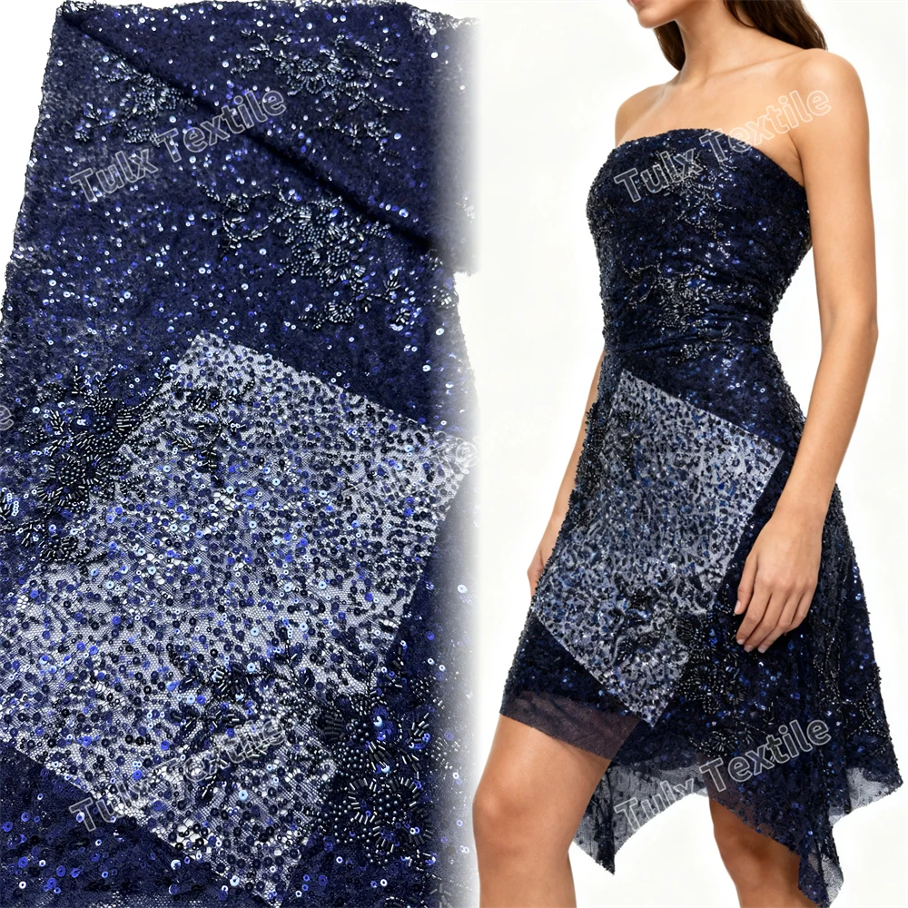 

Navy Blue Luxurious African Groom Sequins Lace Fabric High Quality French Embroidery Heavy Beads Lace Nigerian Sewing Material