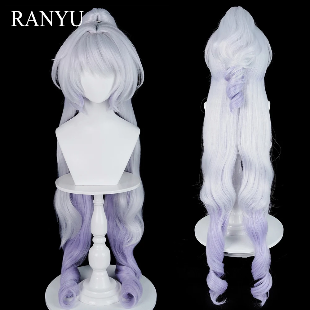 Silver White Ombre Purple Long Wavy Synthetic with Ponytail Clip Wigs Anime Game Cosplay Fluffy Wig for Daily Party