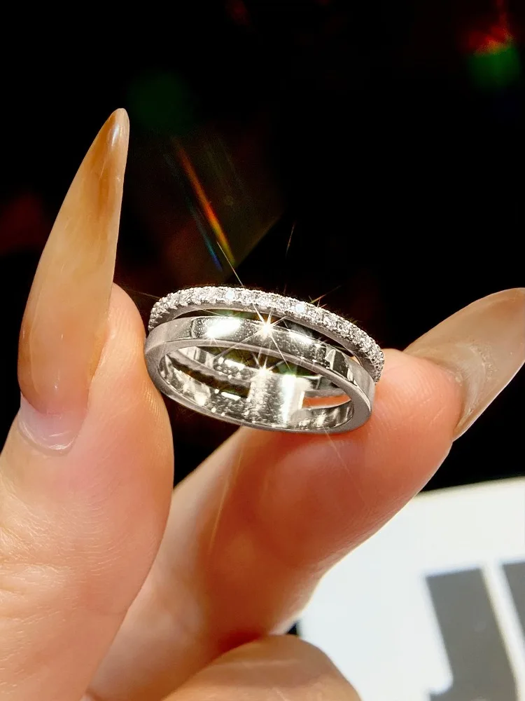 Echter Moissanit-Diamant, runder, doppelter Ehering für Damen, ideal für Jahrestage, zum Tragen im Alltag, luxuriöser Modeschmuck. – Detail 3