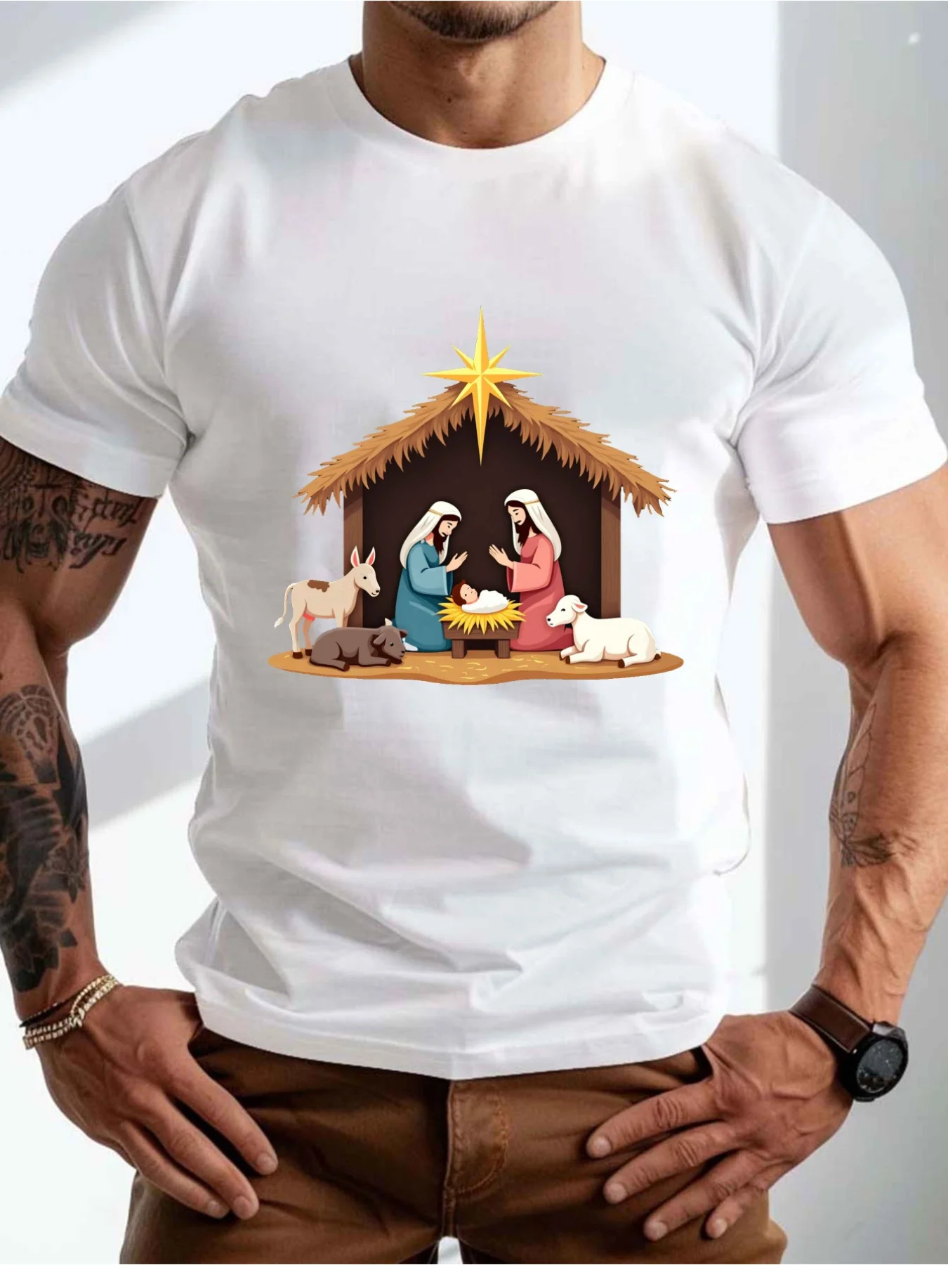 Plus Size Men's T-Shirt With Traditional Nativity Scene Graphic - Casual Black Tee, Machine Washable, Summer Wear, PLUS SIZE