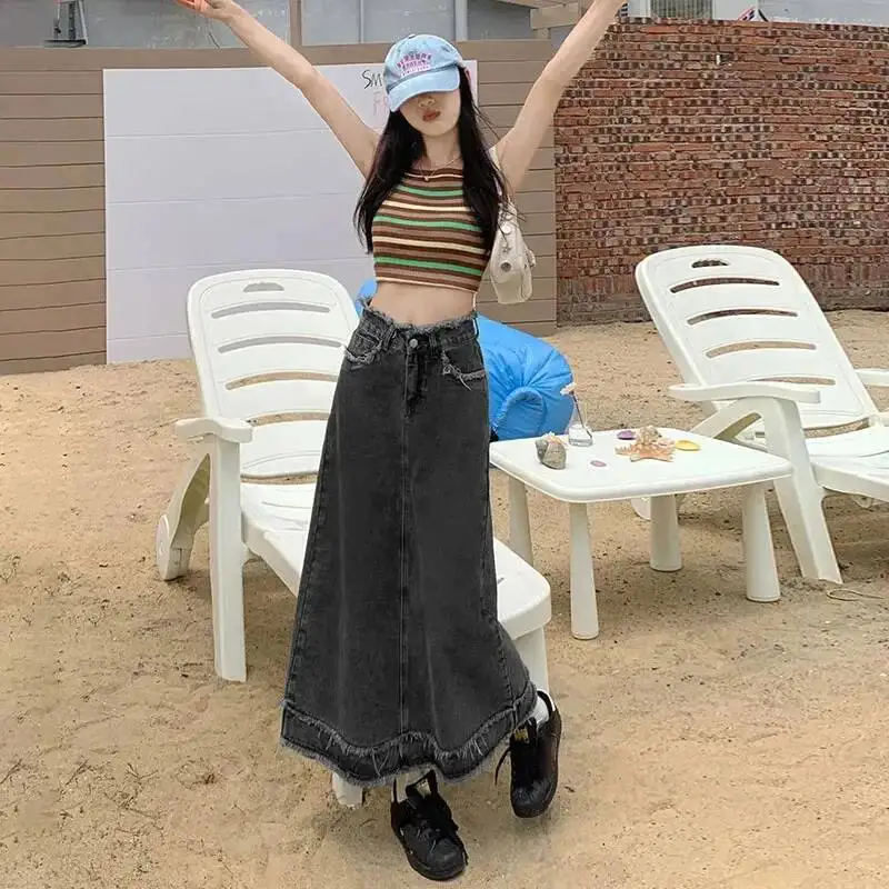 Lucyever Vintage Blue Denim Frauen Sommer Neue Mittlere Länge EINE Linie Jean Rock Frau Casual Alle Spiel Hohe Taille Lange Röcke