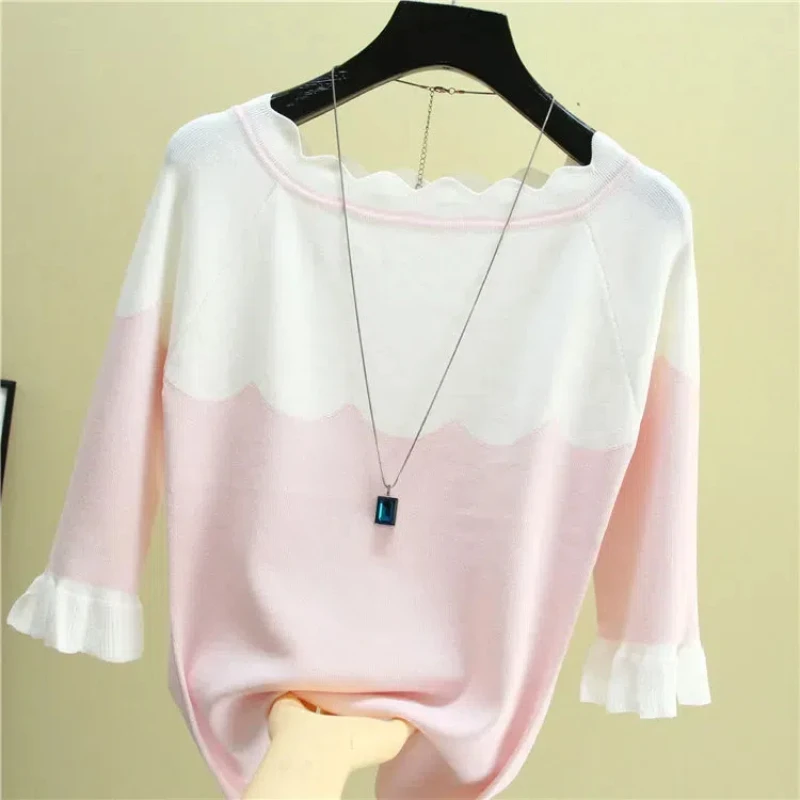 Knitted Women\'s Clothing Pullover Half Sleeve Sweater Round Neck Screw Thread Contrast Color Flattering Spring Autumn Tops