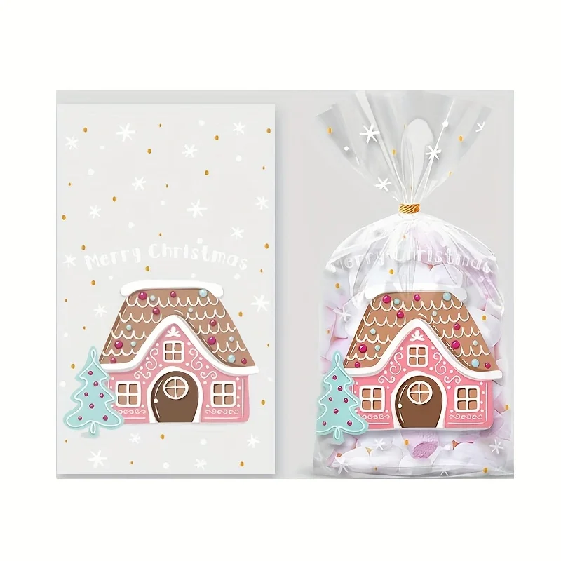 50 Stück Weihnachtsgeschenktüten, blaugrüne Feiertagstüten mit Lebkuchenhäusern, Bäumen, Geschenken – langlebige Kunststoffverpackung für Partys – Detail 5