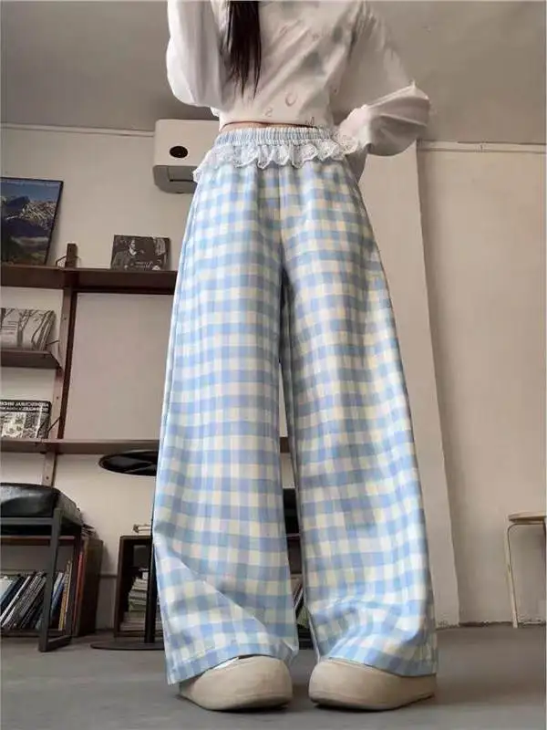 Loose High Waist Straight Leg Pants Women's Wide Leg Pants Spring Autumn New Style Blue Plaid Lace Trim Splicing Trousers