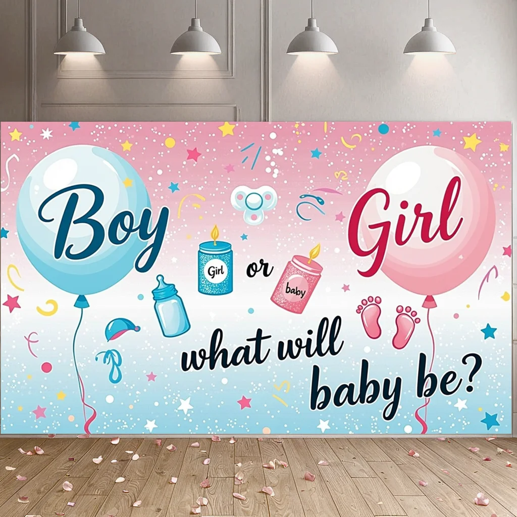 Geschlecht offenbaren bunten Ballon-Fußabdruck, Schnuller, Banner, Hintergrund, Partyzubehör für Babyparty, Fotografie-Requisiten, Dekorationen
