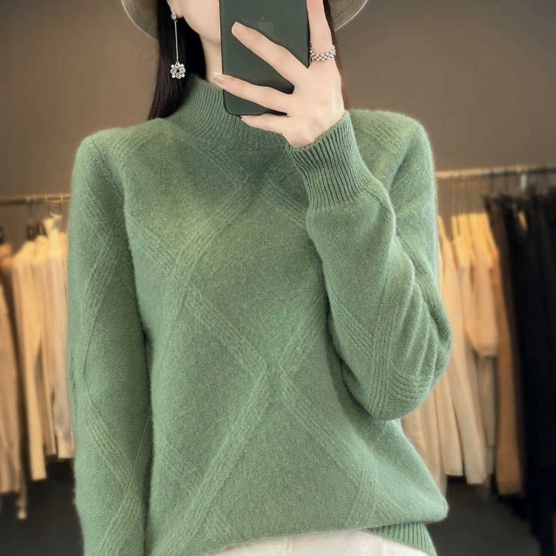 

Autumn and winter new pullover 100% Merino wool sweater women's semi high neck knitted fashionable Korean style knitted top