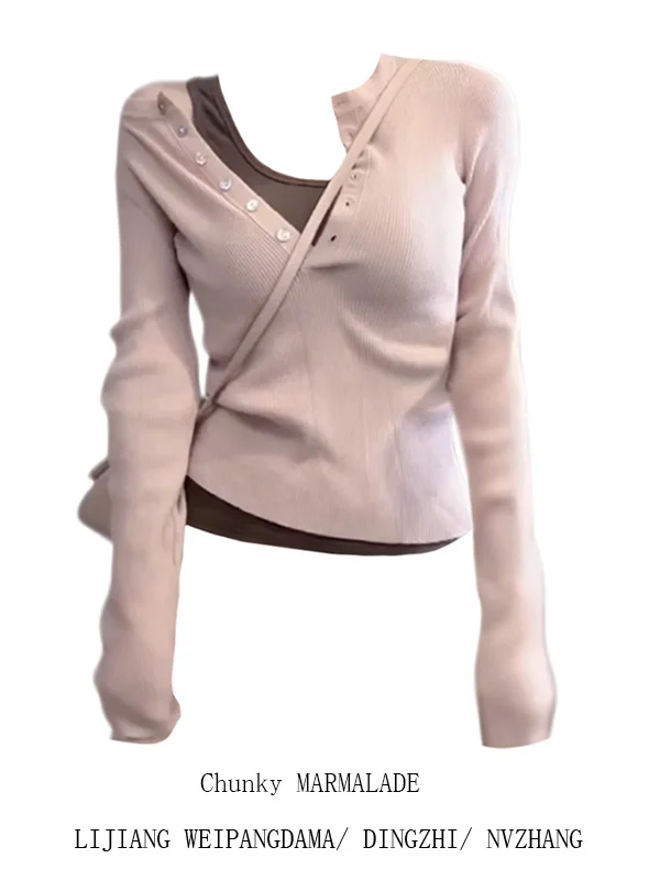 

Трикотаж V-Ne для похудения больших размеров Long Sve, женский модный осенний универсальный топ из двух предметов Big MM Pure Desire Sle, искусственный топ из двух предметов