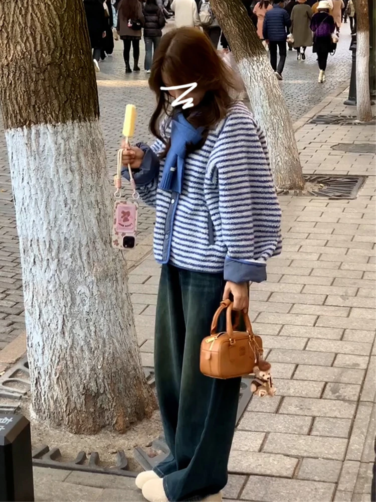 معطف نسائي كوري من فرو الخروف الممشط للخريف والشتاء، سترة علوية زرقاء مخططة، معطف أنيق فضفاض وطويل