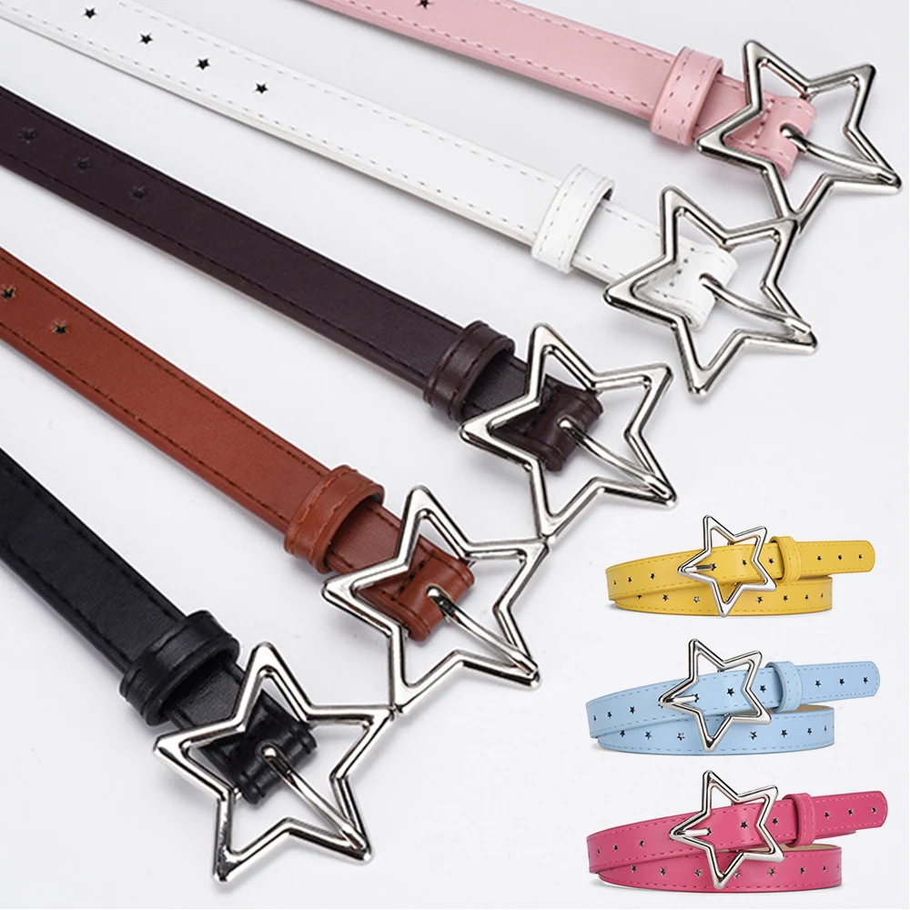 

Kids Pentagram PU Leather Waistband Children Adjustable Metal Star Buckle Holes Belt Girls Solid Color Jeans Waist Strap