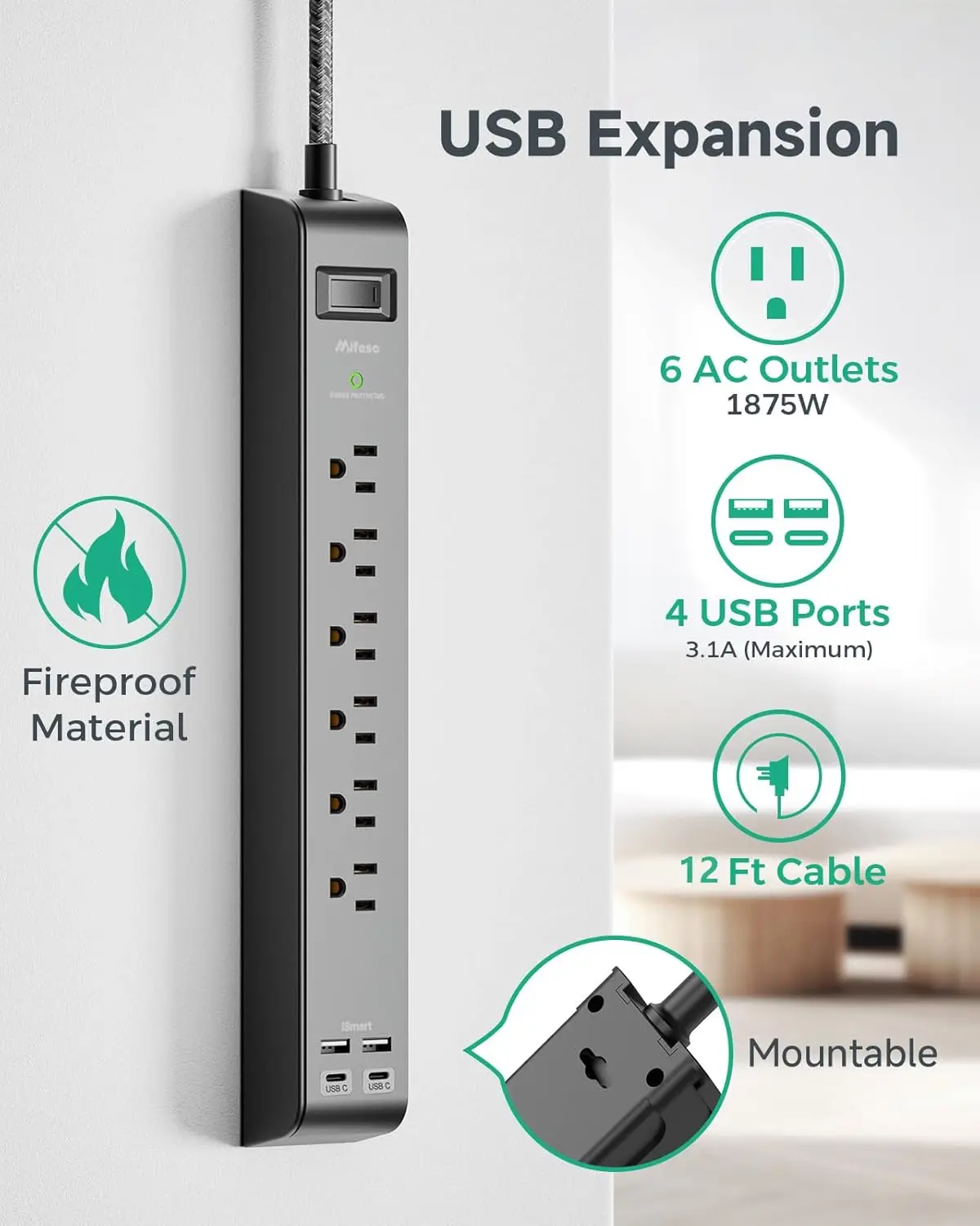 12FT Power Strip with 6 Outlets, 4 USB Ports, Surge Protection, Flat Plug, Wall Mount (2 Pack)