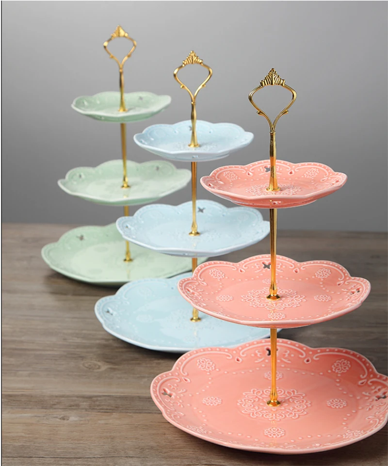 new 3pcs Set, Embossed Porcelain Red Green Blue, 3 Tier Fruit Stand, Ceramic Plate for Wedding Party, Cake Stand Vintage