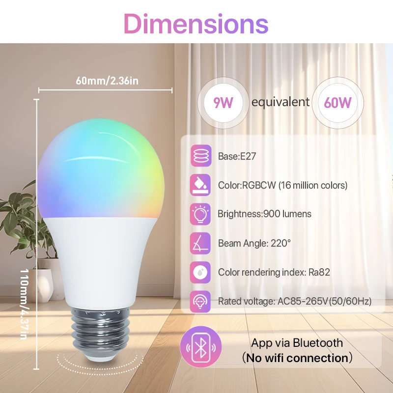 Tuya Smart Light Bulbs Bluetooth App Control A60 LED Light Bulb with Color Changing 9W 85-265V Music Sync 2700K-6500K