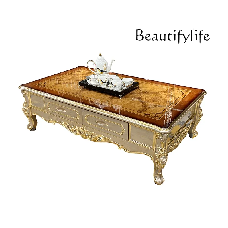 

French solid wood large coffee table European luxury carved large tea table villa small apartment tea table living room home
