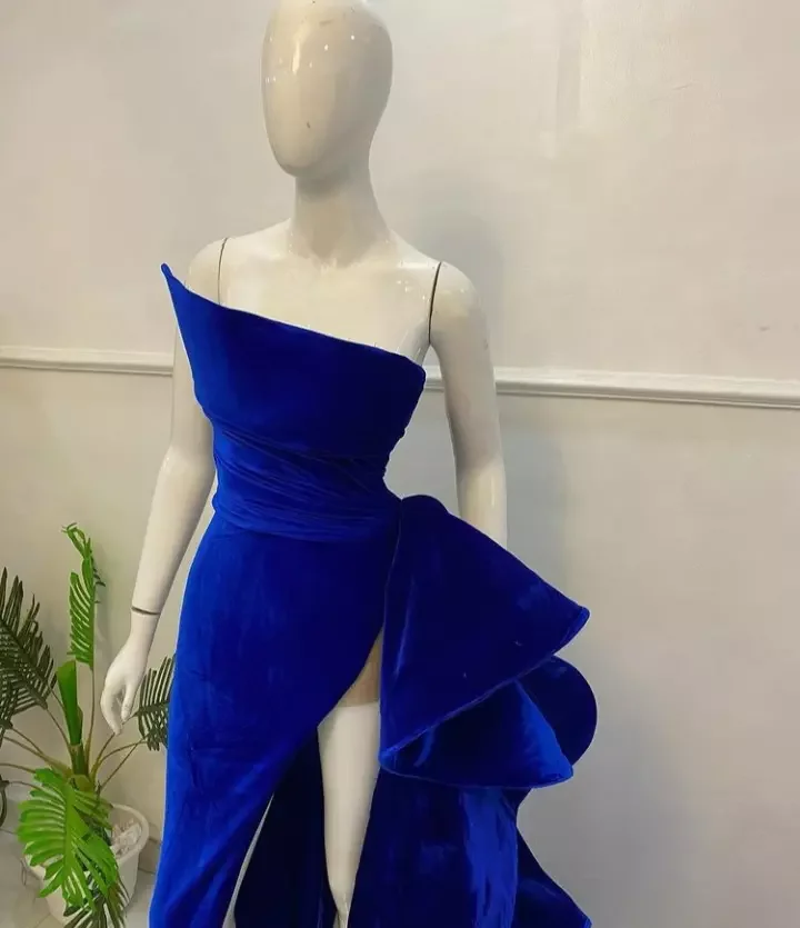 Robe de bal en velours bleu Royal, modeste, longue traîne, fente haute, robe de soirée formelle, grande taille, Corset à lacets au dos, 2022