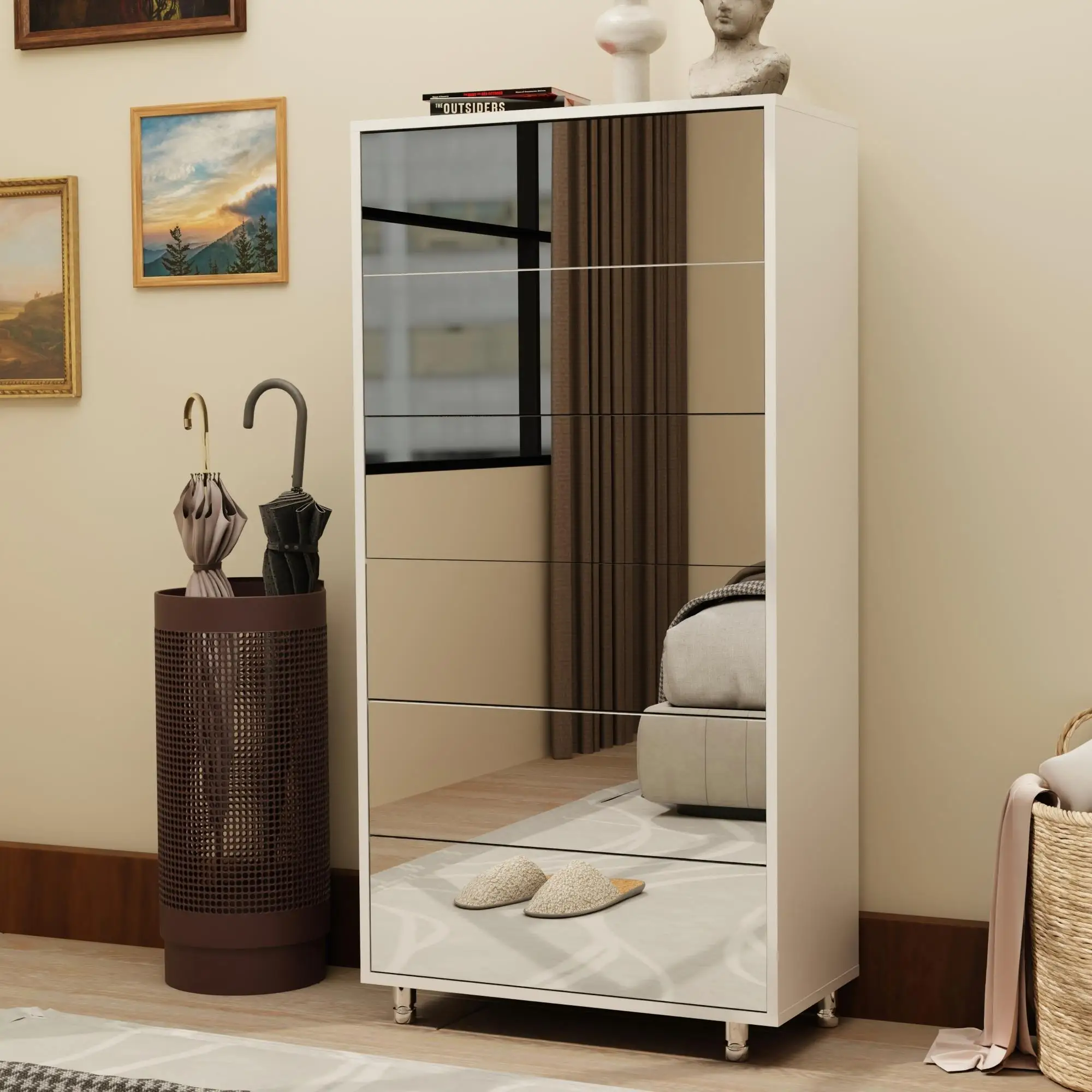 

Modern Mirror Shoe Cabinet with 6 Drawers, Stylish Storage Rack for Ample Shoes, White Finish &-Open Door