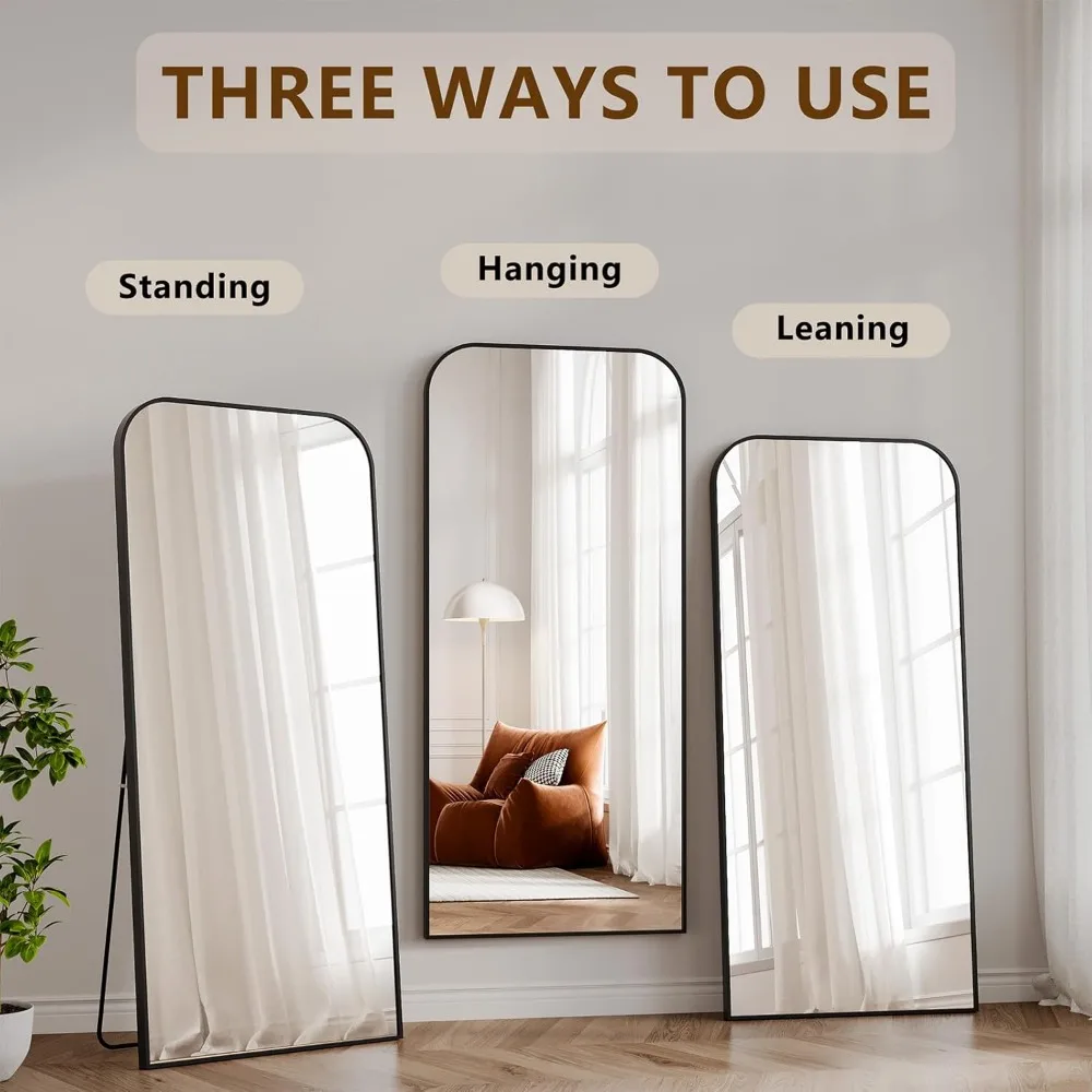 Miroir pleine longueur Koonmi, miroir pleine longueur 65x24 avec support, miroir de sol à bords carrés supérieurs bombés noirs avec alliage d'aluminium Fr