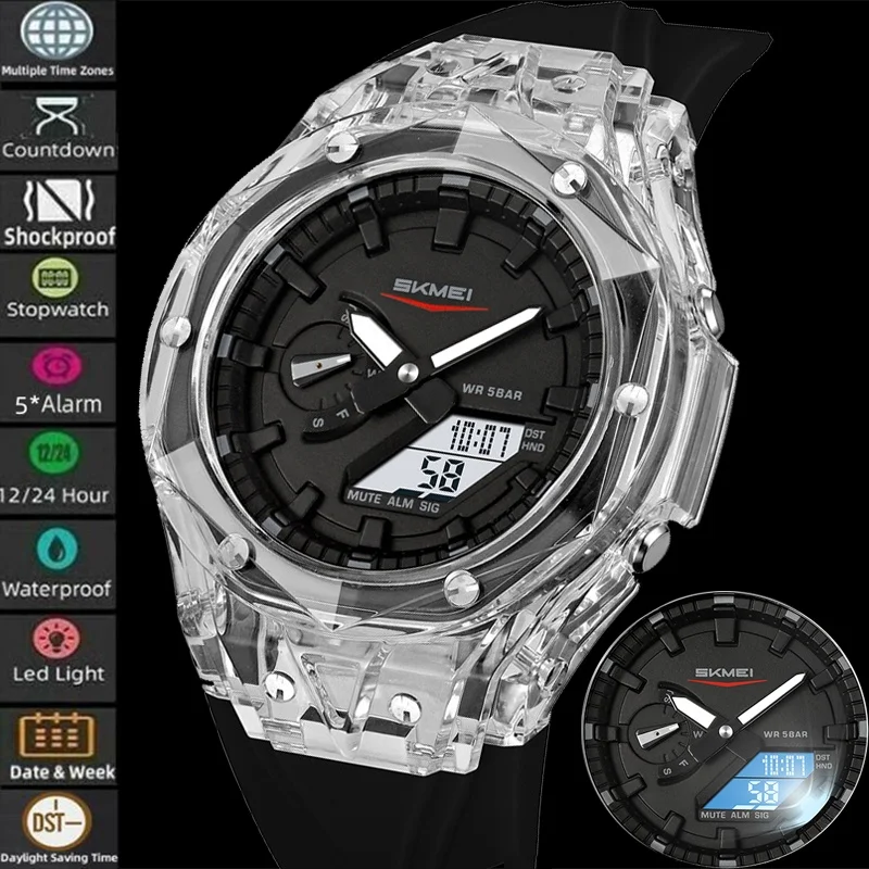 

Skmei несколько часовых поясов, спортивные часы унисекс, аналоговый цифровой дисплей, 5 комплектов, будильник, мужские кварцевые водонепроницаемые наручные часы
