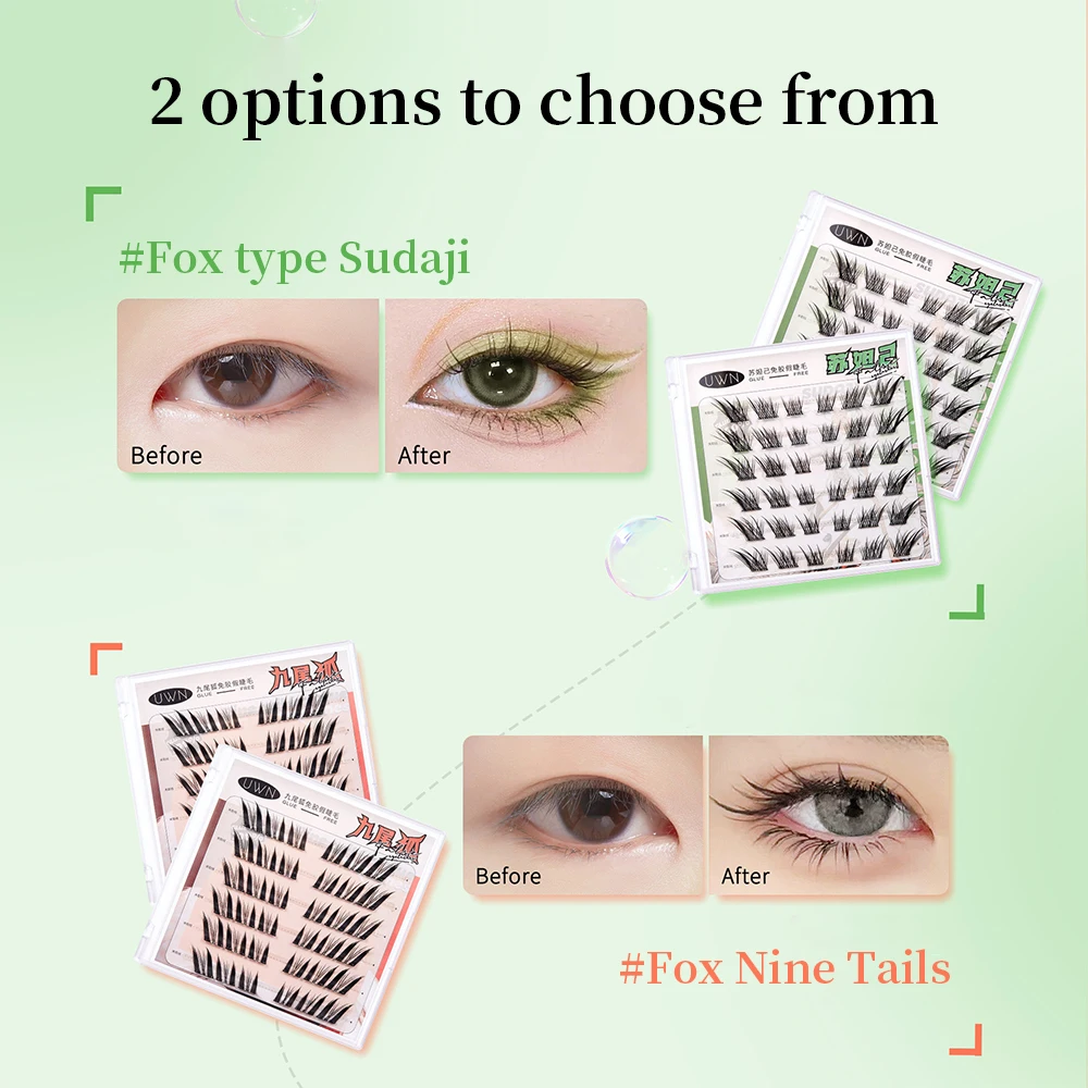 UWN Cílios postiços sem cola oblíquos estilo raposa voadora curvando natural preguiçoso leve e confortável cílios superiores