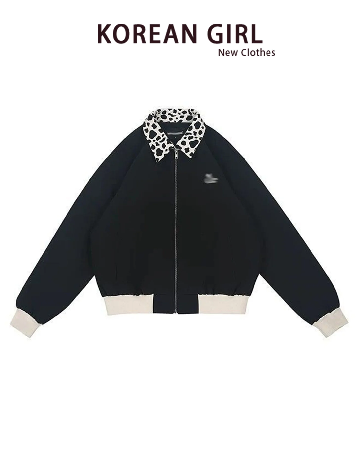 Black Cow Pattern Stand Collar Patchwork Jacket Short Loose Embroidery Color Block Women's Casual Style Autumn Outerwear