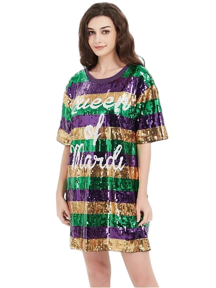 Robe t-shirt à paillettes reine de Mardi Gras, manches courtes, or, violet, vert, paillettes, robe de soirée pour femmes