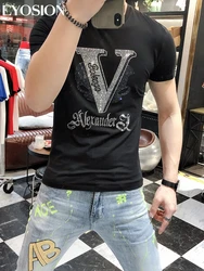 Summer Mens Luxury Diamond T-Shirts Designer Rhinestone Short Sleeve Slim Crew Neck Casual Shirts Tee Combed Cotton, S-5XL