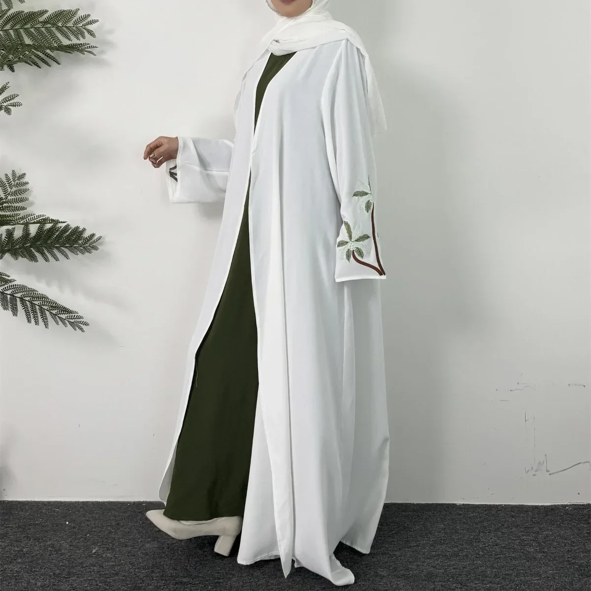 Embroidery Open Front Abaya Long Sleeve Maxi Length Inner Dress Womens Clothing Muslim Cardigan Abayas Out Kaftans Women Jilbabs