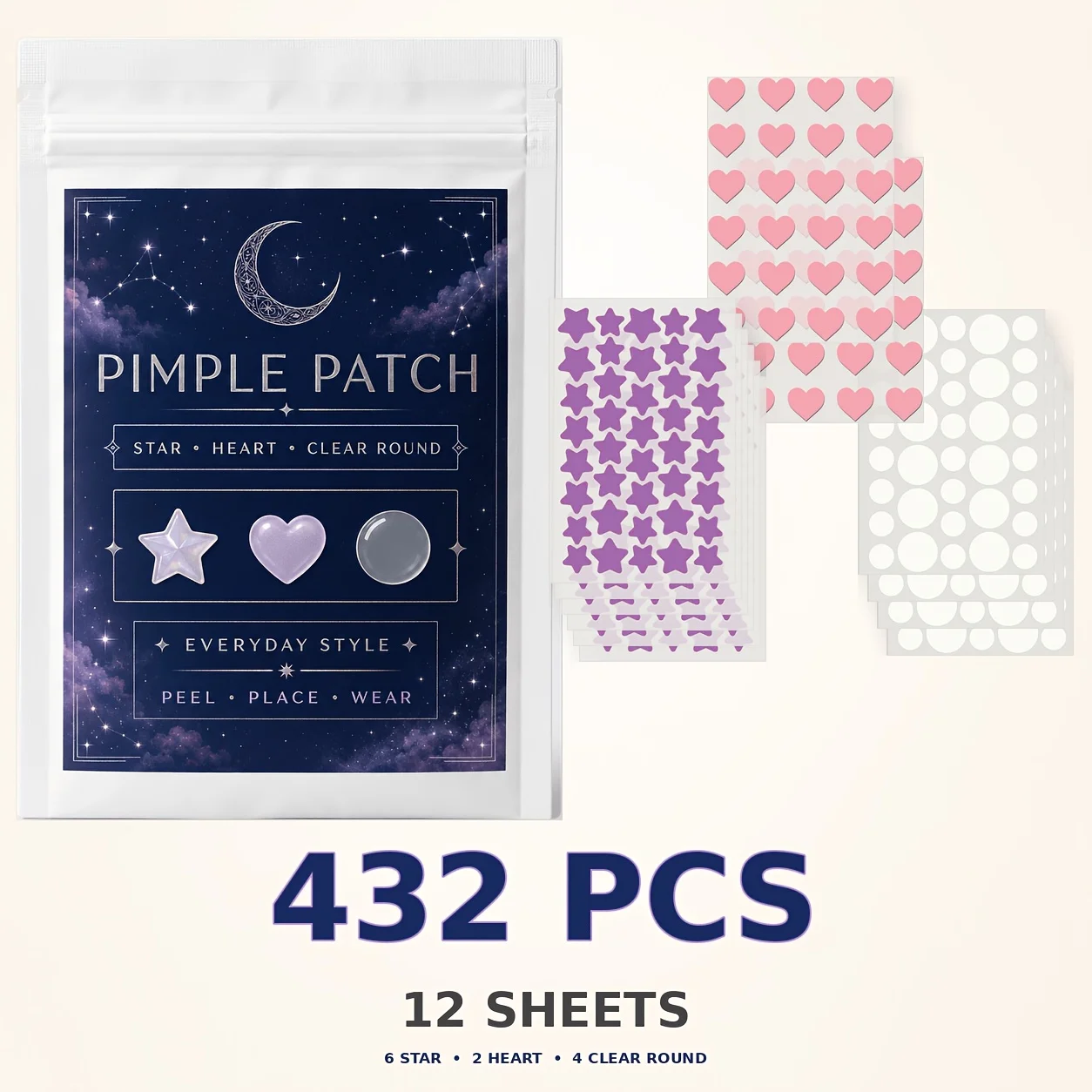 432PCS Colorful Acne Patches, Star Heart Round Pimple Stickers, Cute Face Patches, Decorative Spot Cover for Daily Wear
