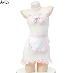 AniLV So Cute Girl Plush Cat Dress Maid Uniform Women White Fluffy Bear Soft Nightgown Pajamas Outfits Costumes Cosplay