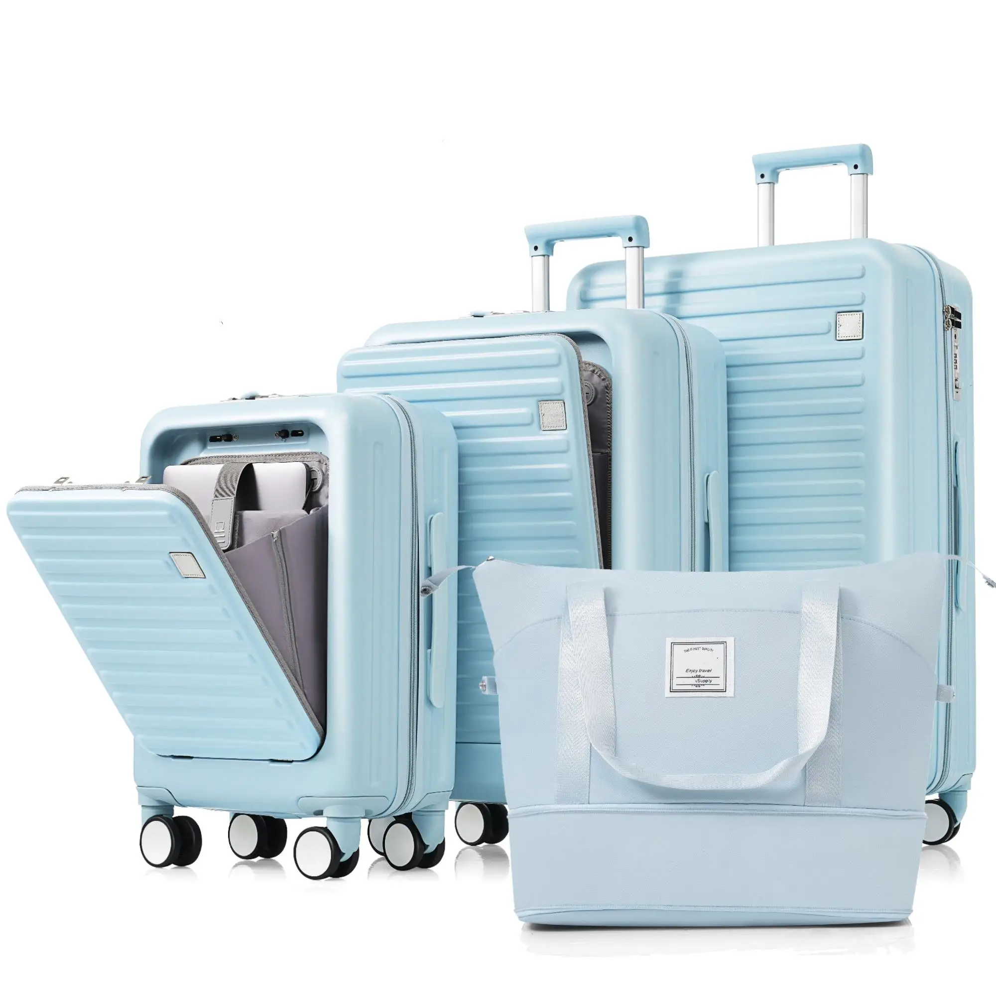 4-Piece Hard Shell Luggage Set 20/24/28 inch with USB Port & Front Opening, Airline Approved Travel Bags - Light Blue