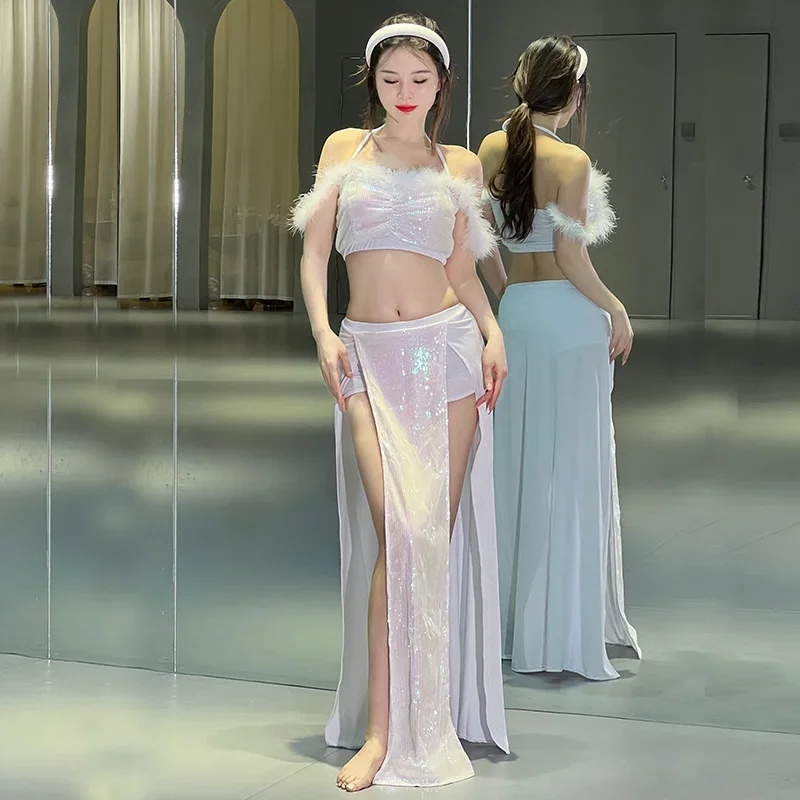 

BellyDance Suit for Women Sequin White feathers Top+sexy Split Long Skirt 2pcs Oriental Dance Professional Practice Clothes