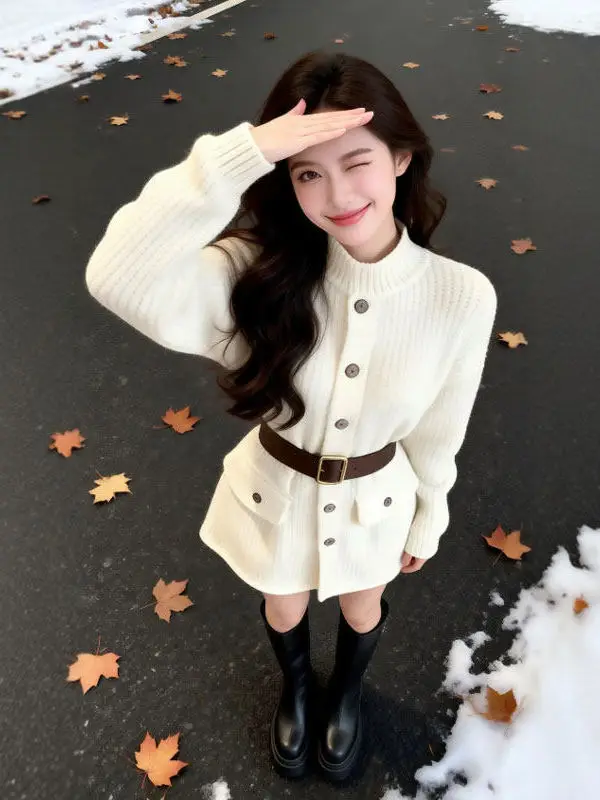 Koreański sweter z dzianiny, wysoki kołnierz, wyszczuplający, piękny, unikalny, modelujący talię, ort, zimowy, miękki, ciepły, długi rękaw.