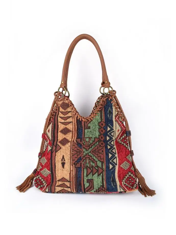 

Ethnic style hand-woven bag, retro fringed tote bag