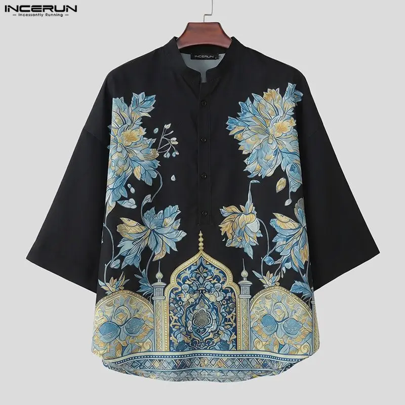 INCERUN Men's Shirt Printing Stand Collar Half Sleeve Loose Men Clothes Summer Streetwear 2026 Vintage Casual Tops Male Shirts