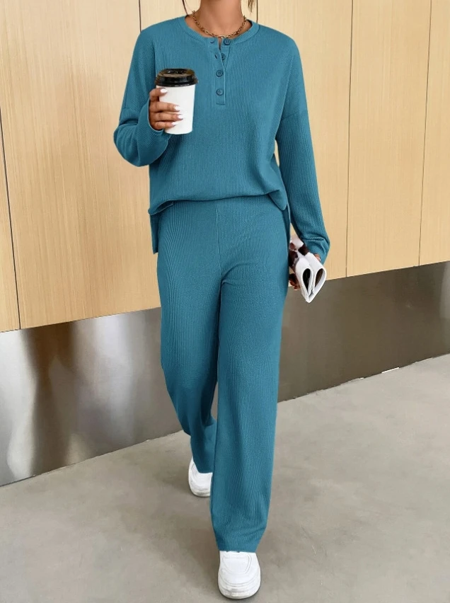 

Loose Style 2024 Spring Summer Sports Casual Fashion Solid Color Round Neck Pullover Sweater Long Pants Set Elegant Commuting