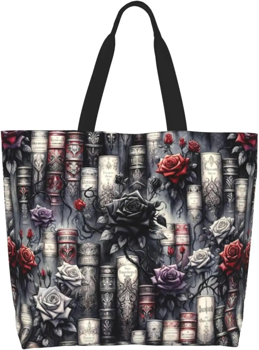Neon Book Lover Rose Large Tote Bag for Women Reusable Single Shoulder Bags Handbag for Shopping Work Travel
