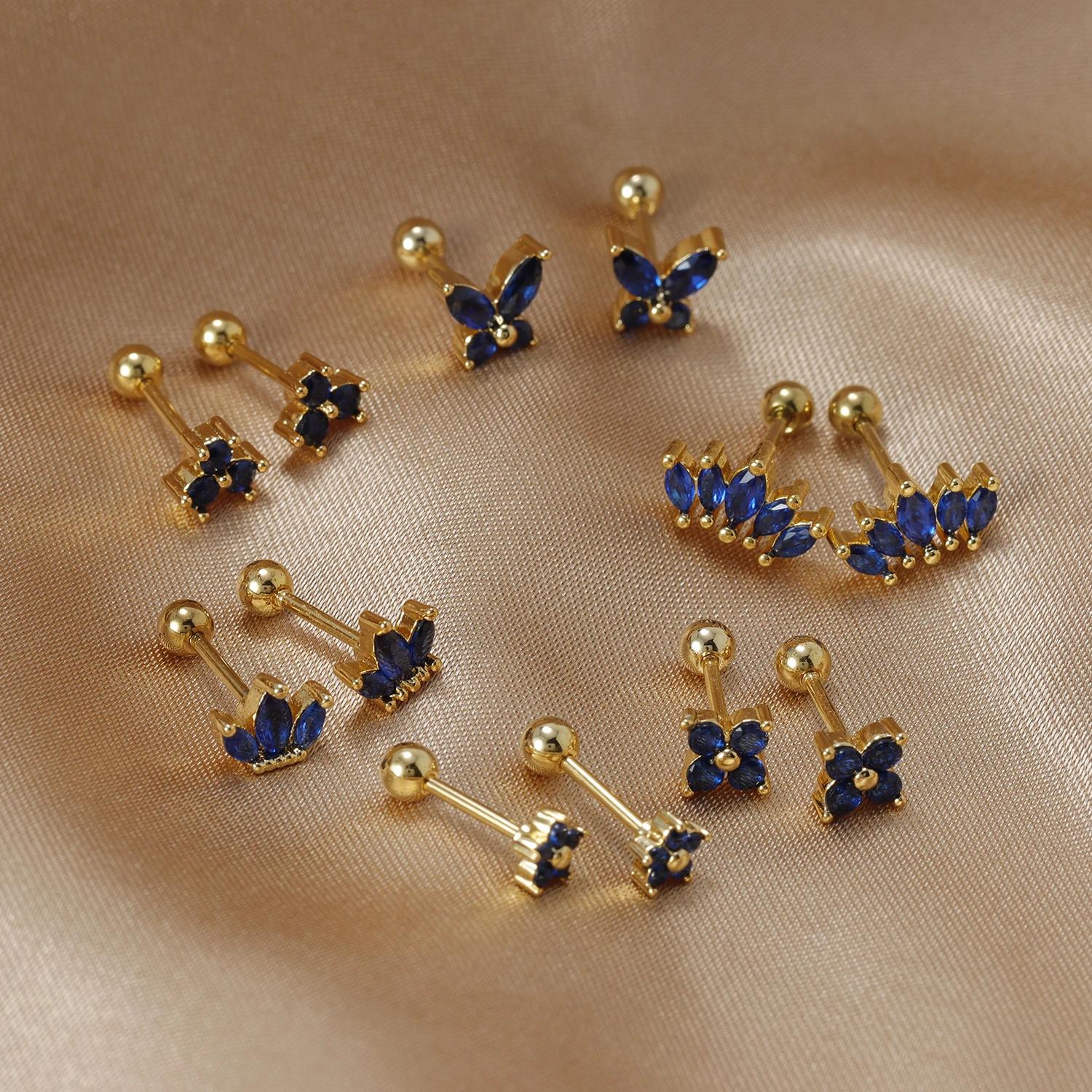 Pendientes pequeños de acero inoxidable para mujer, aretes de circonita azul con forma de corona y mariposa, joyería a la moda para fiesta de boda, 2023