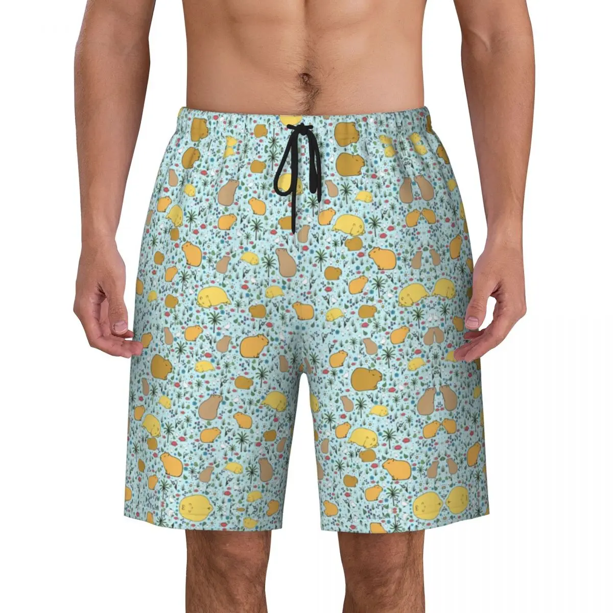 Capybaras-shorts de praia de secagem rápida com pet print para homem, calção azul