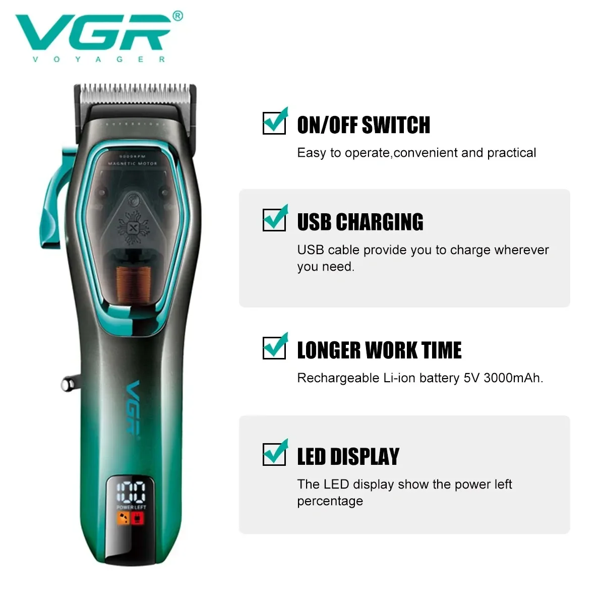 VGR Hair Trimmer Professional Clipper Cordless Hair Cutting Machine Barber Adjustable Haircut Rechargeable Trimmer for Men V-674