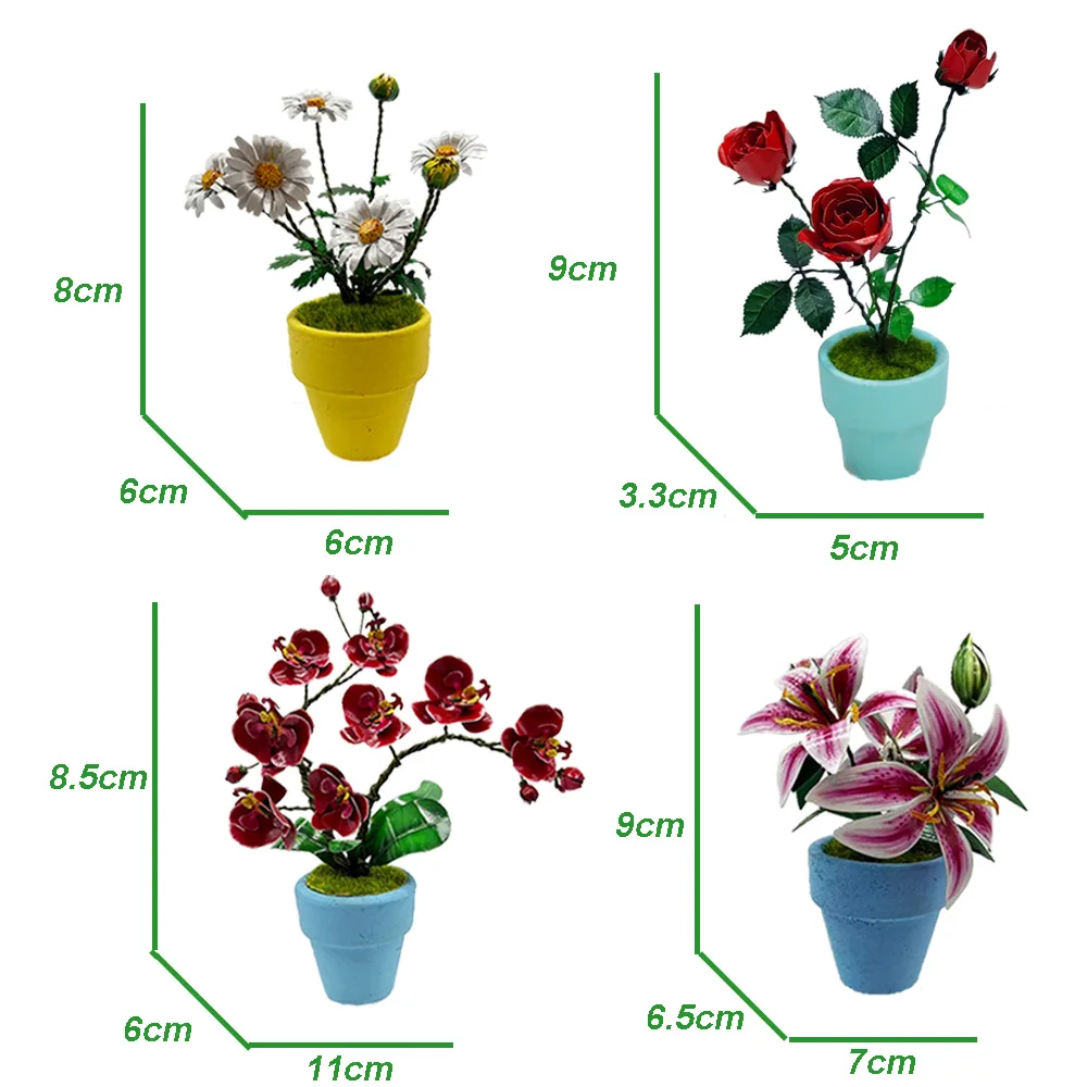 3D Metal Flower Plant Model Building Kit with Pot DIY Assembly Craft Creative Iron Flower Rose Lily Home Office Desk Decor Adult