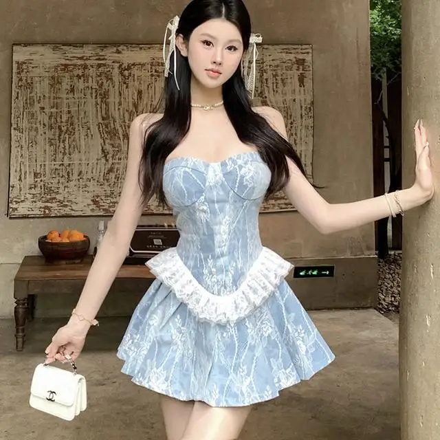 

Tube Top Dress High Quality Lace Stitching Pure Desire Gentle Sky Blue Princess Fluffy Short Waist A-Line Dress Skirt