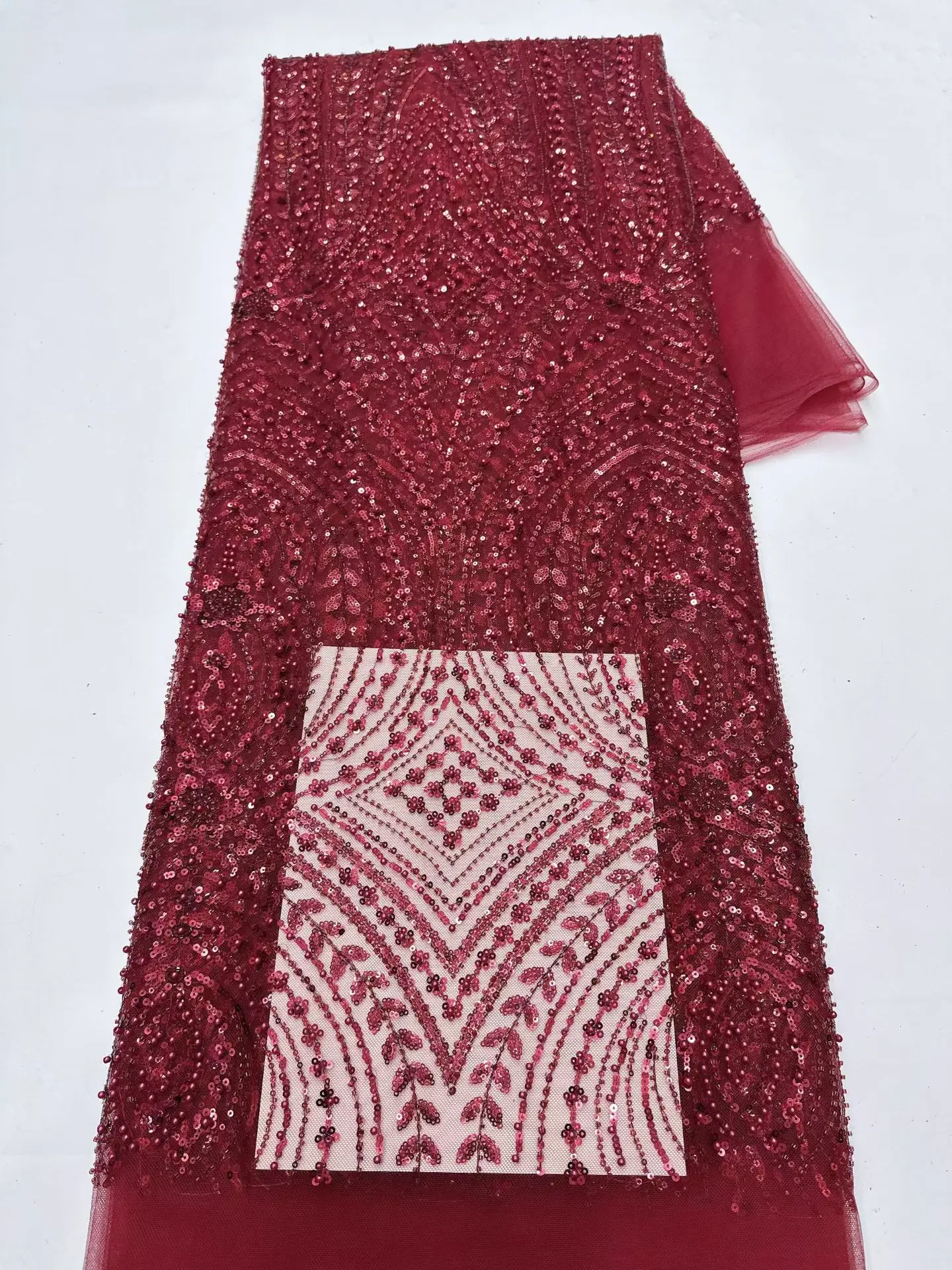 Embroidery Net Fabric - Roter Luxus-Tüll-Spitzenstoff im nigerianischen Stil mit