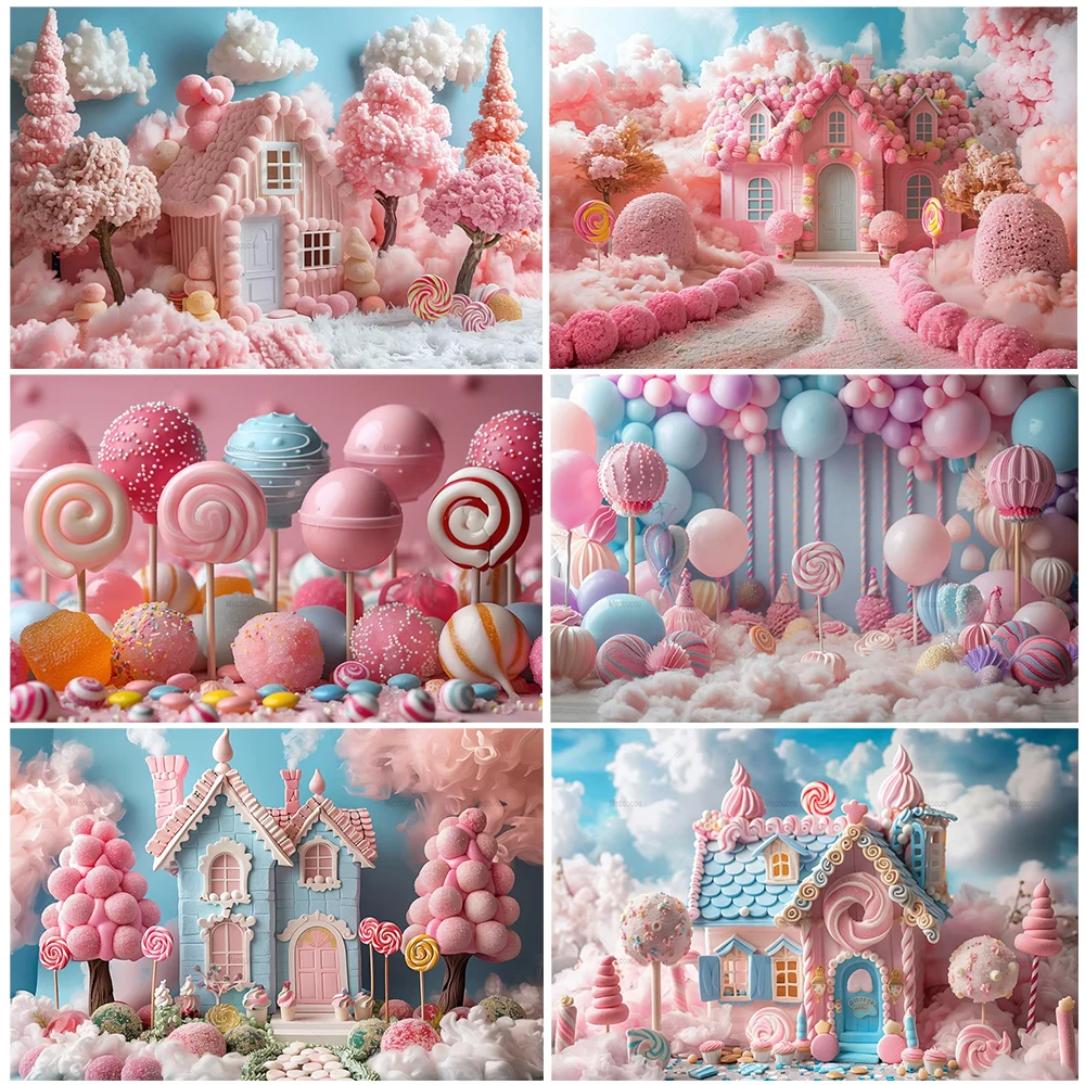 

Sweet lollipop Theme Birthday Party Decorations Cartoon Candy House Backdrop Photography Background Props Baby Shower Supply