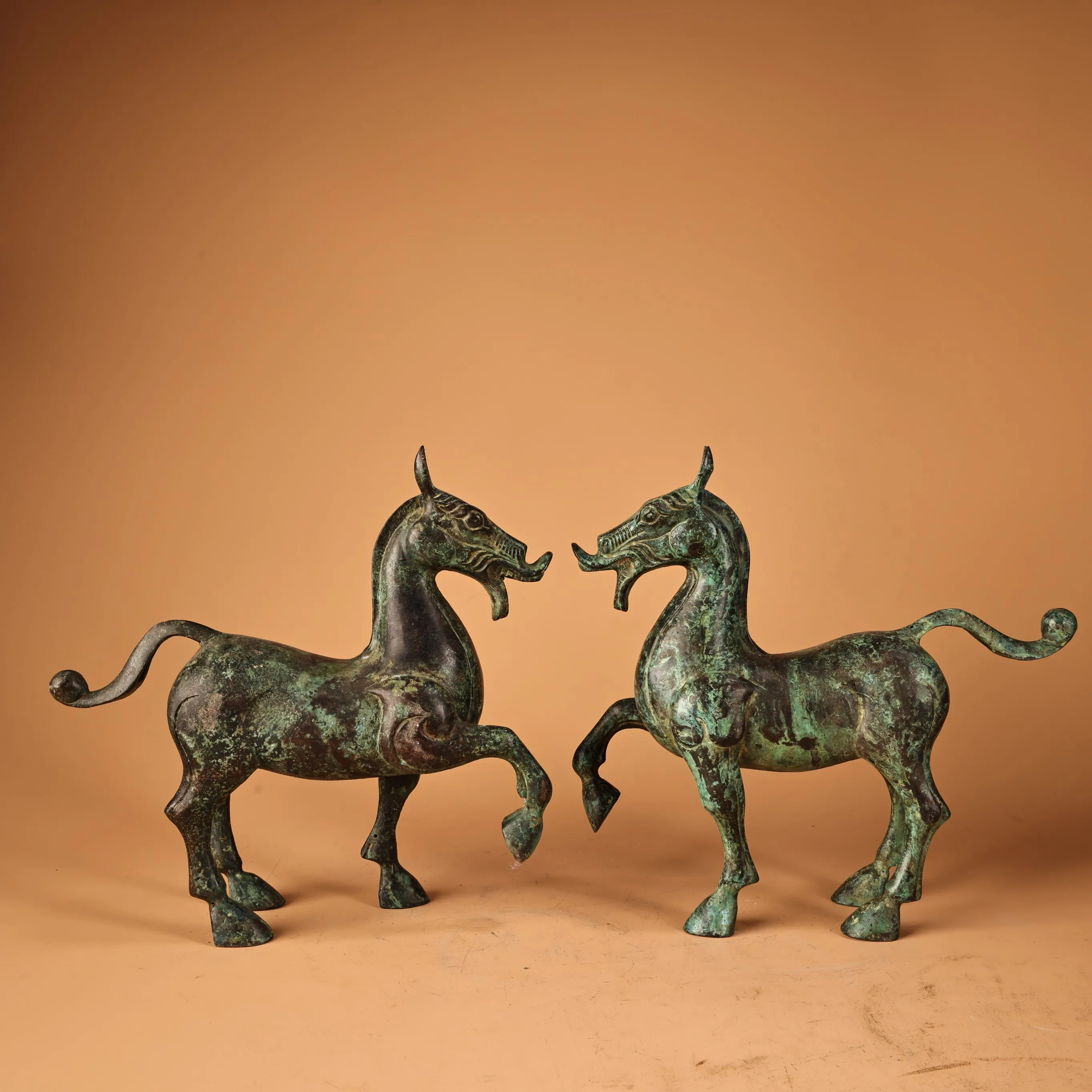 Pair Ancient Bronze Horse Statues, Chinese Antique Green Patina Galloping Horse Sculpture Set for Home Decor