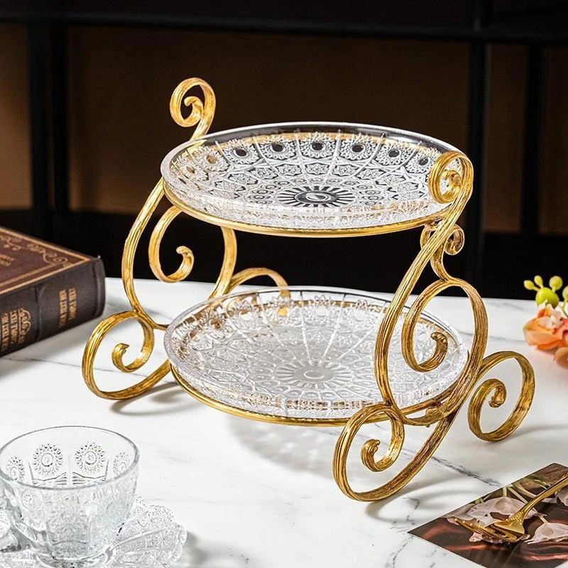 American brass crystal glass double-layer fruit plate creative handmade living room coffee table dessert cake plate ornament